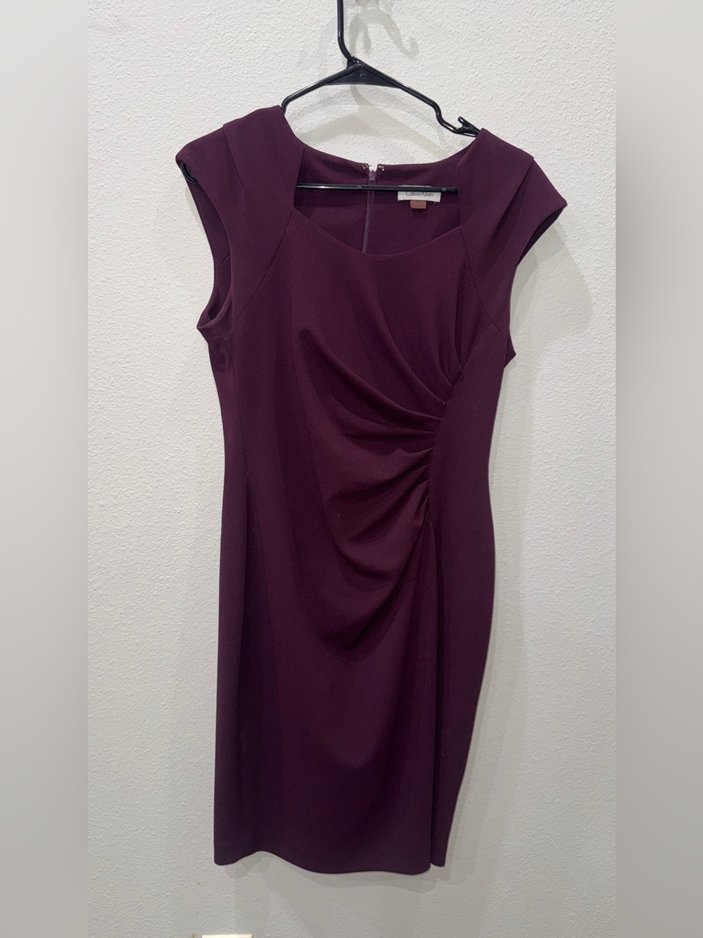 Calvin Klein Deep Plum Cap-Sleeve Sheath Dress with Side Draping